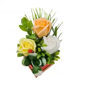 Aranjament floral deosebit 3 trandafiri cutie , flori de sapun,buburuza, 10x10 cm - 