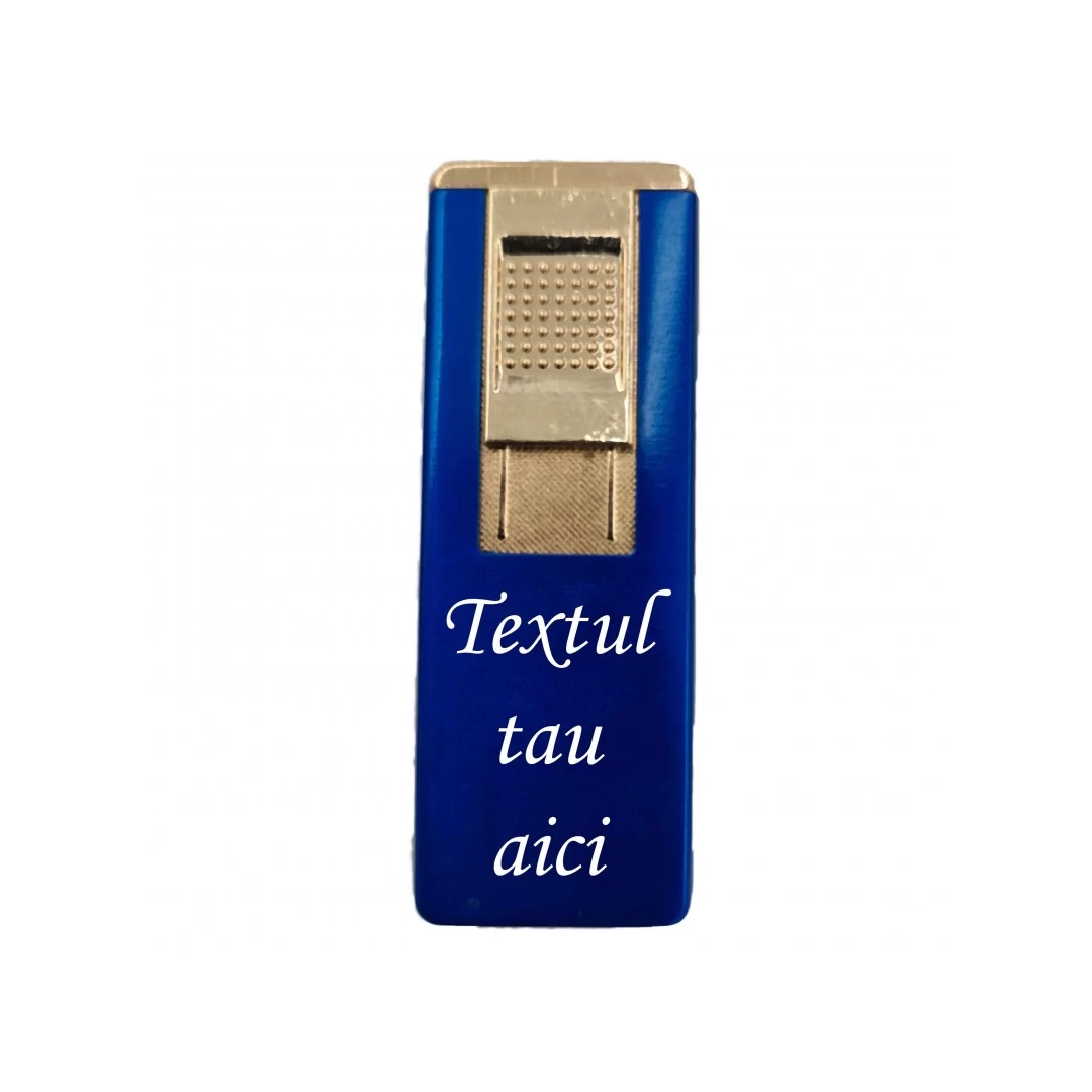 Bricheta metalica gravata personalizata cu textul tau, cu gaz, antivant, reincarcabila, albastra, cutie - 