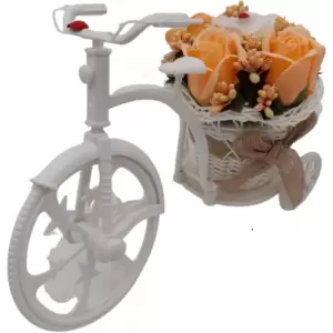 Aranjament floral, trandafiri, portocalii "Bicicleta cu flori zambarete", flori de sapun, 22x15x12 cm - 