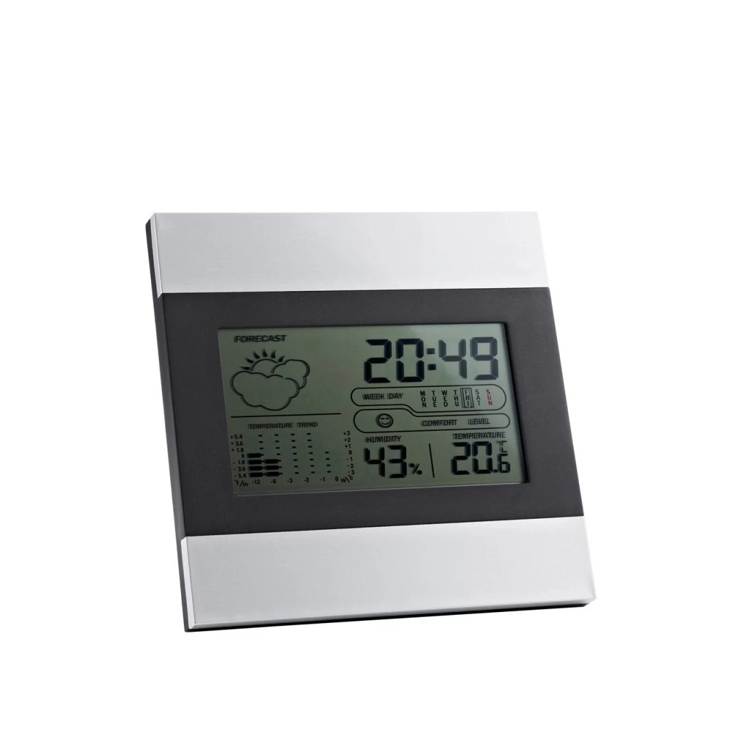 Ceas de birou din aluminiu cu ecran LCD, calendar, alarma si prognoza meteo - 