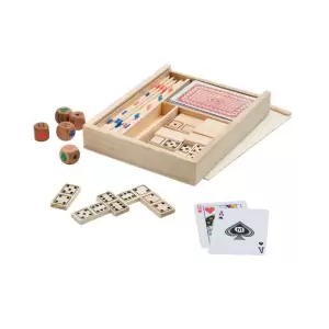 Set de jocuri de familie 4 in 1, incutie din lemn, domino, mikado, carii si zaruri - 