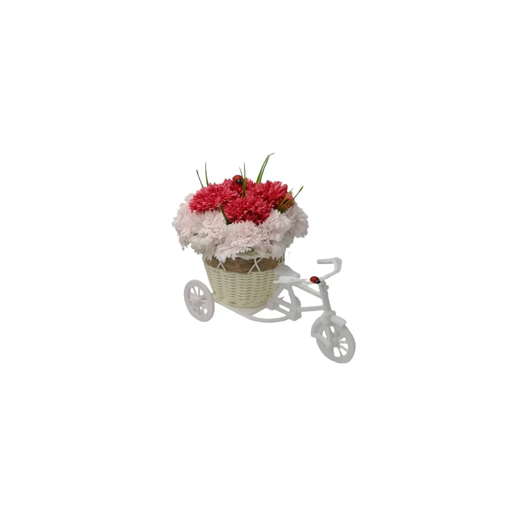 Aranjament floral trandafiri "Bicicleta cu flori zambarete", flori de sapun, Garoafe, 30x17x15 cm - 