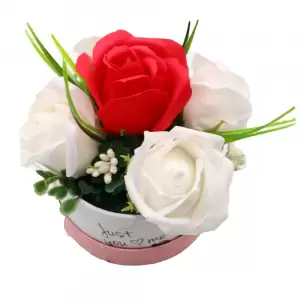 Aranjament Floral, Cutie Trandafiri,  4 Trandafiri Albi din Sapun si unul Rosu - 