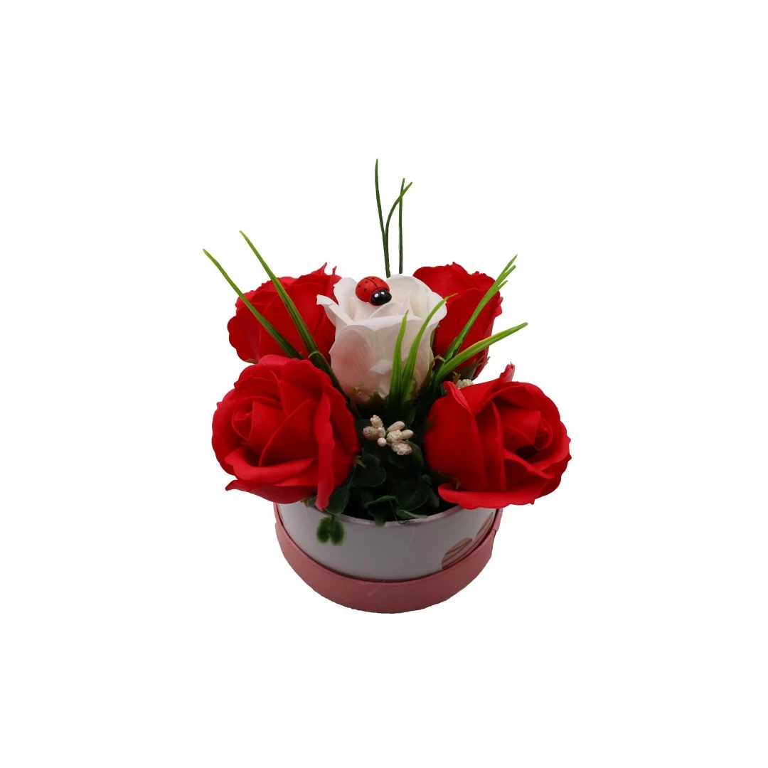 Aranjament Floral, Cutie Trandafiri,  4 Trandafiri Rosii din Sapun si unul Alb - 