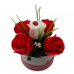 Aranjament Floral, Cutie Trandafiri,  4 Trandafiri Rosii din Sapun si unul Alb - 