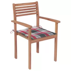 Scaune grădină, 4 buc, perne roșu model carouri, lemn masiv tec - Acest set de scaune de grădină, din lemn, are un design mereu la modă. Aceste scaune de exterior se vor potrivi unei game largi de locații, precum cas...