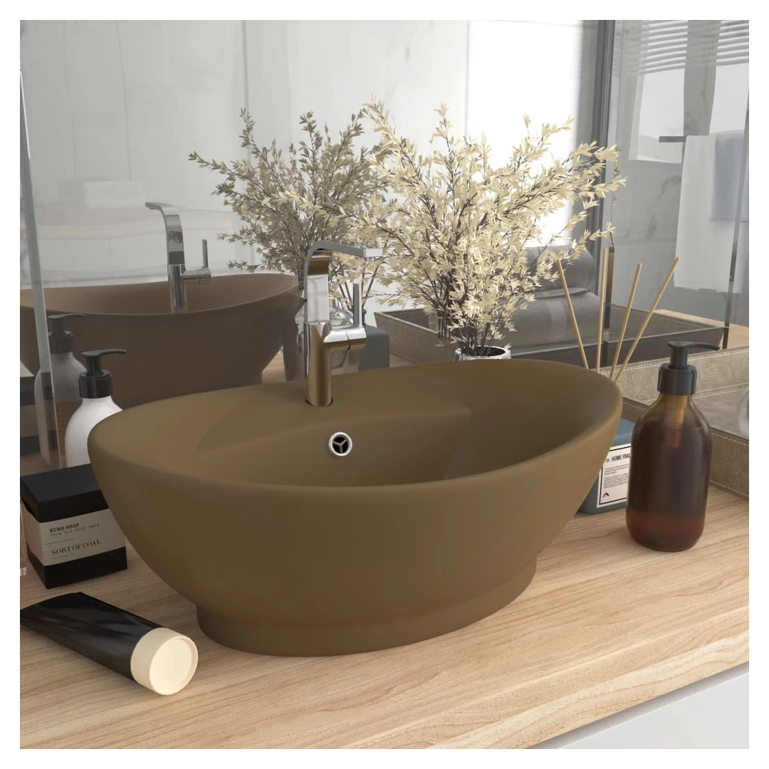 Chiuvetă lux cu preaplin, crem mat, 58,5x39 cm ceramică, oval - Acestă chiuvetă de formă ovală, realizată din ceramică premium, este o completare elegantă pentru orice baie, spălător sau toaletă. Suprafața sa mată...