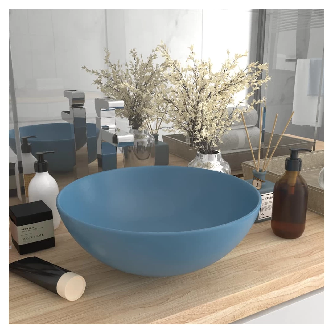 Chiuvetă pentru baie, albastru deschis, ceramică, rotund - Această chiuvetă rotundă, montată deasupra blatului, adaugă un stil contemporan oricărui decor de baie. Este, de asemenea, potrivită pentru camera de...