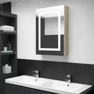 Dulap de baie cu oglindă și LED, alb și stejar, 50x13x70 cm - Introduceți un element cu un aspect plăcut în baia dvs. cu acest dulap cu oglindă de toaletă și LED! Dulapul de perete cu oglindă și LED adaugă o notă...