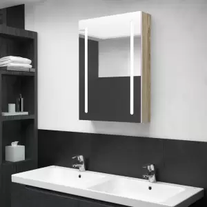 Dulap de baie cu oglindă și LED, alb și stejar, 50x13x70 cm - Introduceți un element cu un aspect plăcut în baia dvs. cu acest dulap cu oglindă de toaletă și LED! Acest dulap de perete cu oglindă și LED adaugă o...
