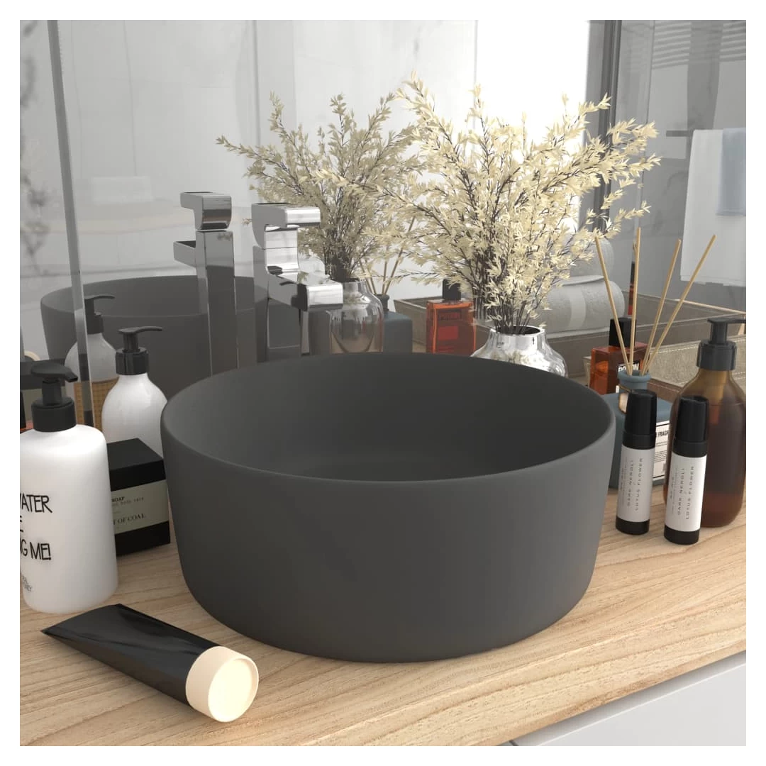Chiuvetă baie lux, gri închis mat, 40x15 cm, ceramică, rotund - Această chiuvetă rotundă, realizată din ceramică premium, este un element de decor ideal pentru baia, spălătorul sau toaleta dvs. Suprafața sa mată și...