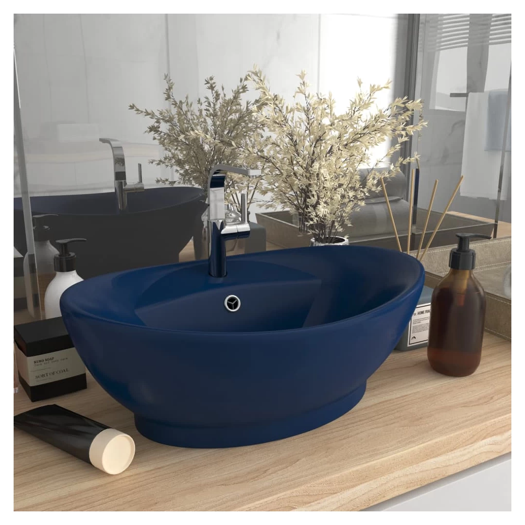 Chiuvetă lux preaplin albastru mat 58,5x39 cm ceramică oval - Acestă chiuvetă de formă ovală, realizată din ceramică premium, este o completare elegantă pentru orice baie, spălător sau toaletă. Suprafața sa mată...