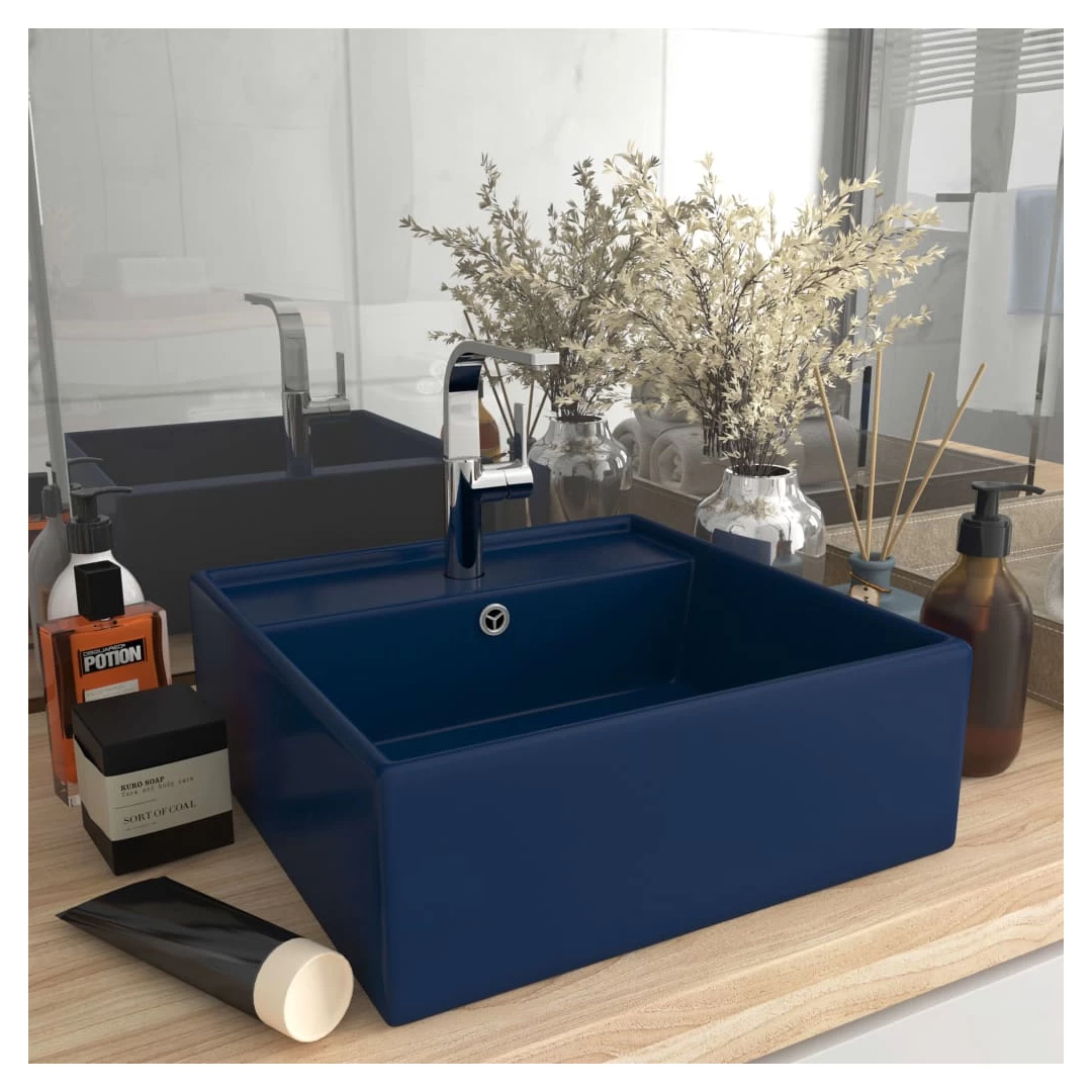 Chiuvetă lux preaplin albastru mat 41x41cm ceramică pătrat - Acestă chiuvetă de formă pătrară, realizată din ceramică premium, este o completare elegantă pentru orice baie, spălător sau toaletă. Suprafața sa mat...