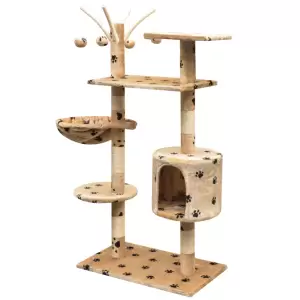 Ansamblu pisici, funie de sisal, 125 cm, imprimeu lăbuțe, bej - Oferiți prietenelor dvs. feline puțin lux cu acest ansamblu pentru pisici cu multe accesorii! Acest centru de joacă etajat pentru pisici, cu un cadru...