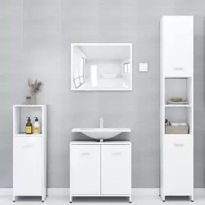 Set mobilier de baie, 4 piese, alb, lemn prelucrat - Acest set elegant de mobilier pentru baie, cu 1 dulap înalt, 1 dulap mediu, 1 dulap sub chiuvetă și 1 oglindă, creează spațiu de depozitare suplimenta...