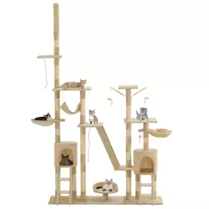 Ansamblu pentru pisici stâlpi din funie de sisal 230-250 cm bej - Oferiți prietenelor dvs. feline puțin lux cu acest ansamblu pentru pisici cu multe accesorii! Acest centru de joacă etajat pentru pisici, cu un cadru...