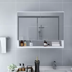 Dulap de baie cu oglindă și LED-uri, alb, 80x15x60 cm, MDF - Introduceți un element estetic și plăcut în baia dvs. cu acest dulap de baie cu oglindă și LED-uri! Dulapul de perete cu oglindă și LED-uri adaugă o n...