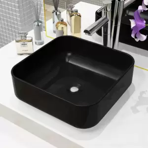 Chiuvetă de baie din ceramică, pătrată, negru, 38x38x13,5 cm - Această chiuvetă, realizată din ceramică de cea mai bună calitate, va aduce un plus de eleganță în orice baie, toaletă sau vestiar. Acest bazin cerami...