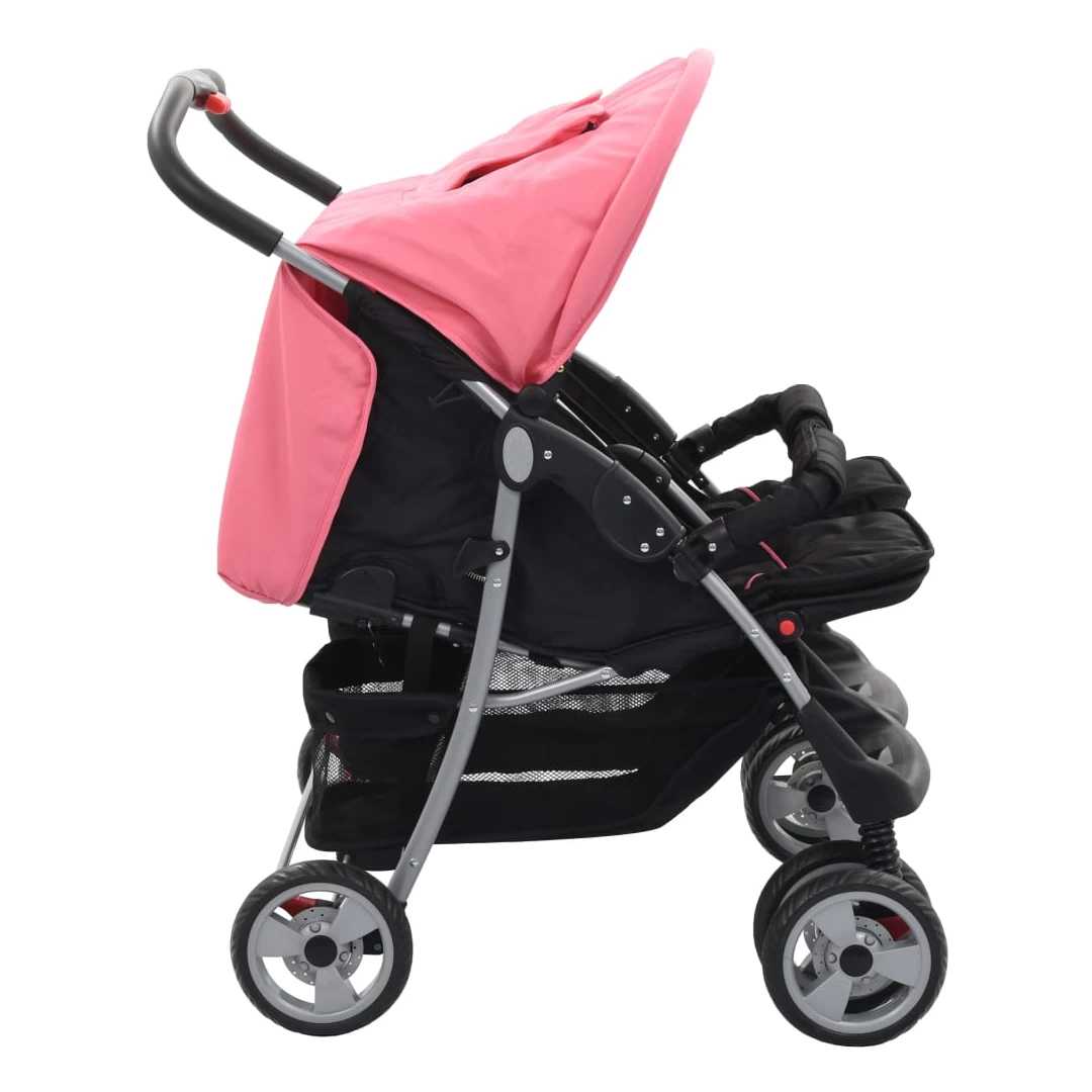 Cărucior dublu pentru copii, roz și negru, oțel - Acest cărucior confortabil dublu este un cărucior perfect pentru a vă lua ambii copii la plimbare. Datorită cadrului din oțel, acest cărucior este foa...