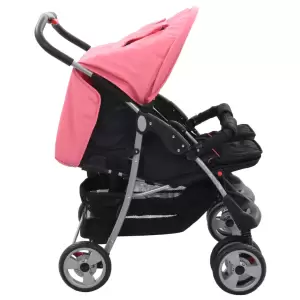 Cărucior dublu pentru copii, roz și negru, oțel - Acest cărucior confortabil dublu este un cărucior perfect pentru a vă lua ambii copii la plimbare. Datorită cadrului din oțel, acest cărucior este foa...