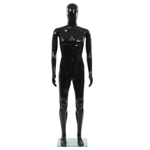 Corp manechin masculin, suport din sticlă, negru lucios, 185 cm - Acest manechin masculin de dimensiuni naturale, cu suport din sticlă și cu finisaj de vopsea lucioasă, poate fi utilizat în vitrinele magazinelor pent...