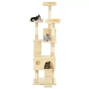 Ansamblu pisici cu stâlpi din funie de sisal, 170 cm, bej - Oferiți prietenelor dvs. feline puțin lux cu acest ansamblu de joacă pentru pisici! Acest centru de joacă etajat pentru pisici, cu un cadru solid și c...