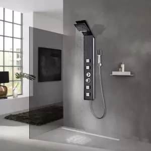 Sistem cu panel de duș, sticlă, maro - Acest sistem de panou de duș multifuncțional are un design elegant și va aduce o completare de efect în baia dvs.   Turnul de duș este realizat din st...