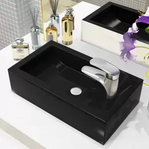 Chiuvetă cu orificiu robinet, negru, 46x25,5x12, ceramică - Această chiuvetă, realizată din ceramică de cea mai bună calitate, va aduce un plus de eleganță în orice baie, toaletă sau vestiar.  Această chiuvetă...