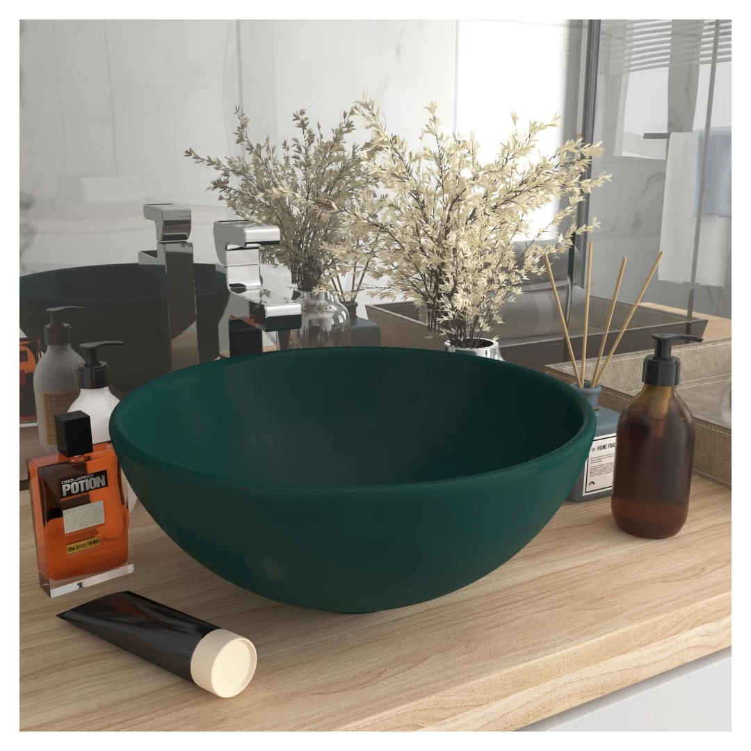 Chiuvetă baie lux verde închis mat 32,5x14 cm ceramică rotund - Lavoarul rotund este realizat din ceramică premium, fiind un element de decor ideal pentru orice baie, toaletă sau budoar. Suprafața sa mată și design...