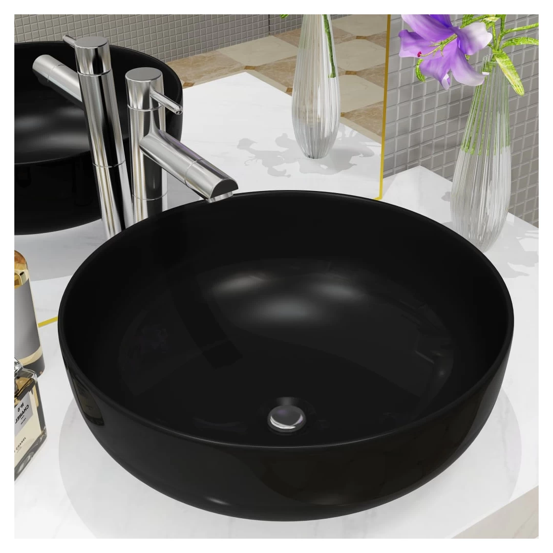 Chiuvetă din ceramică, rotundă, 41,5 x 13,5 cm, negru - Această chiuvetă, realizată din ceramică de cea mai bună calitate, va aduce un plus de eleganță în orice baie, toaletă sau vestiar. Acest bazin cerami...