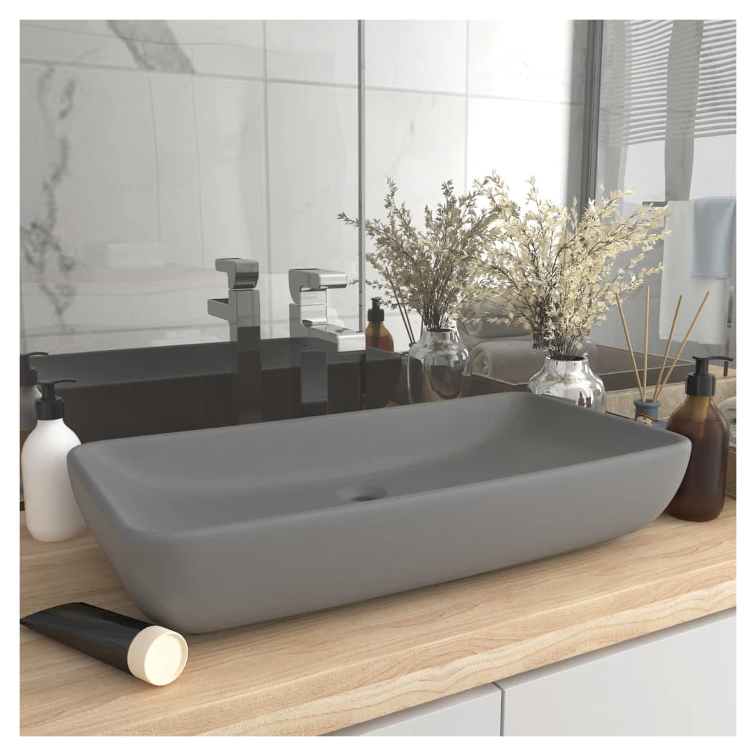 Chiuvetă dreptunghiulară lux gri deschis mat 71x38 cm ceramică - Lavoarul dreptunghiular este realizat din ceramică premium, fiind un element de decor ideal pentru orice baie, toaletă sau budoar. Suprafața sa mată ș...