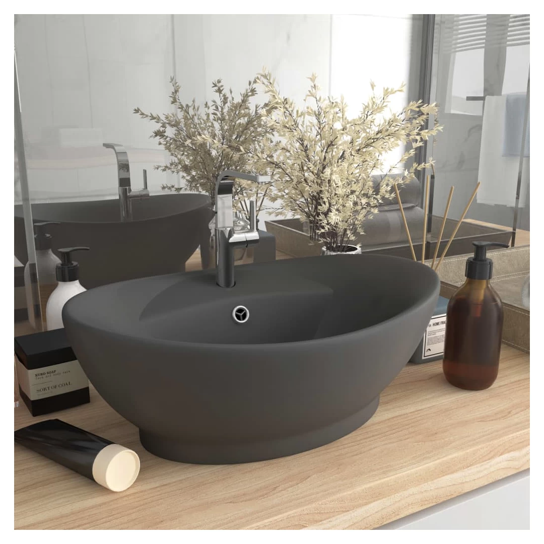 Chiuvetă lux cu preaplin gri închis mat 58,5x39cm ceramică oval - Acestă chiuvetă de formă ovală, realizată din ceramică premium, este o completare elegantă pentru orice baie, spălător sau toaletă. Suprafața sa mată...