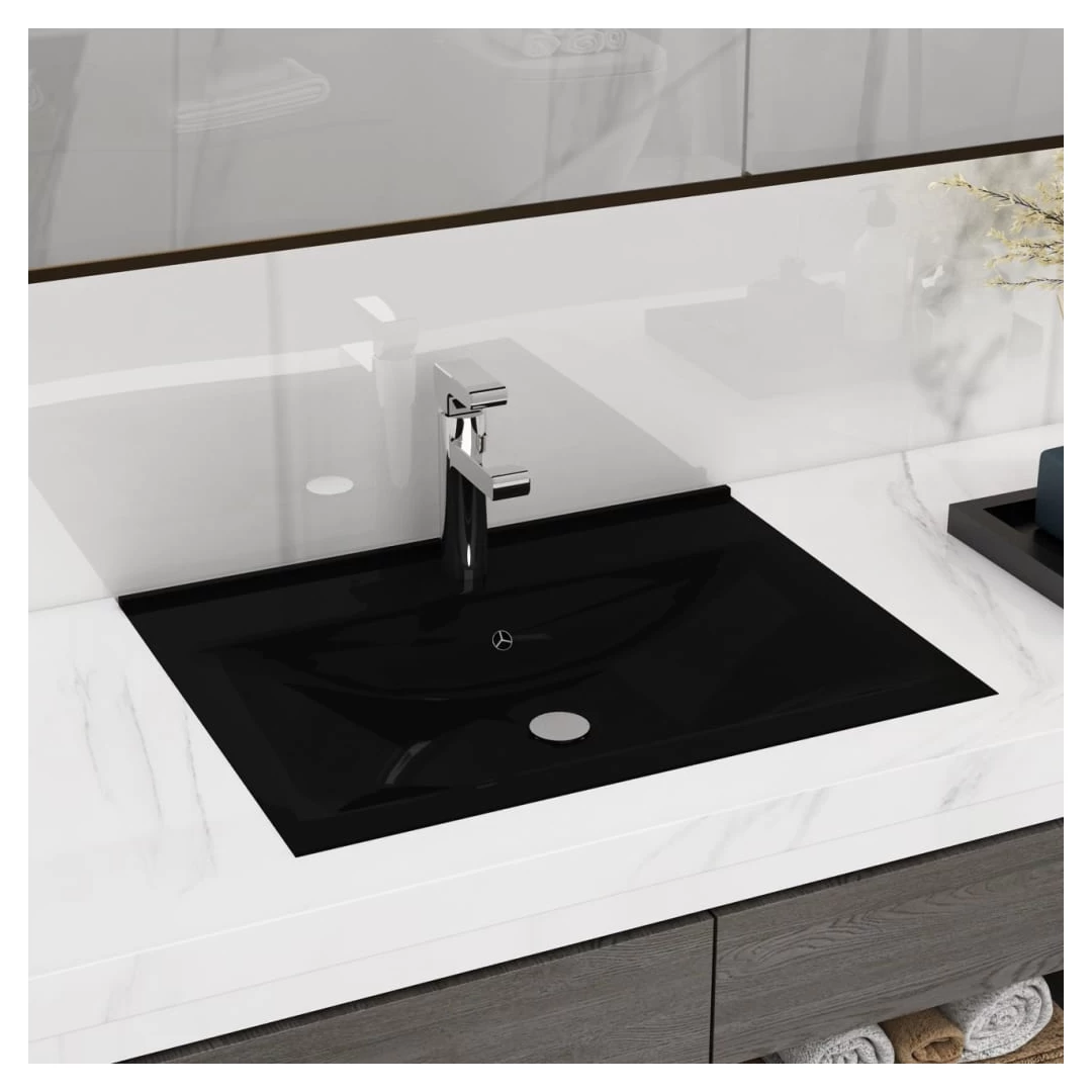 Chiuvetă baie lux, orificiu robinet negru mat 60x46 cm ceramică - Această chiuvetă dreptunghiulară, realizată din ceramică premium, este un element de decor elegant pentru baia, budoarul sau toaleta dvs. Suprafața sa...