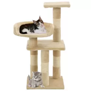 Ansamblu pisici cu stâlpi din funie de sisal, bej, 65 cm - Pisicile pot folosit acest ansamblu de joacă pentru pisici, de calitate superioară, pentru a zgâria, dar și ca să se cațăre, să se ascundă și să se re...