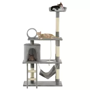 Ansamblu de joacă pisici, cu stâlpi funie sisal, 140 cm, gri - Cu acest ansamblu de pisici de înaltă calitate, pisicile dvs. pot zgâria, se pot cățăra, se pot ascunde, se pot urca și se pot relaxa după pofta inimi...