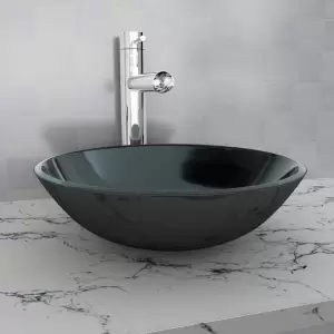 Chiuvetă de baie din sticlă călită, 42 cm, negru - Această chiuvetă din sticlă călită de înaltă calitate va aduce un plus de eleganță în orice baie sau toaletă publică și a fost concepută pentru a fi i...
