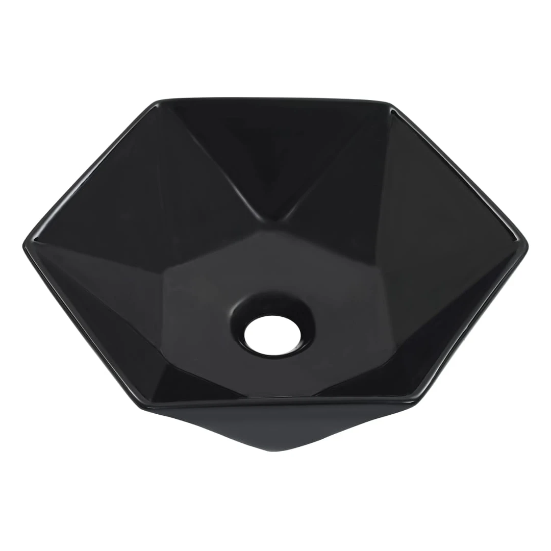 Chiuvetă de baie, negru, 41 x 36,5 x 12 cm, ceramică - Fabricată din ceramică, această chiuvetă de formă hexagonală va aduce o notă elegantă și mereu la modă în orice baie, spălătorie, vestiar sau toaletă....