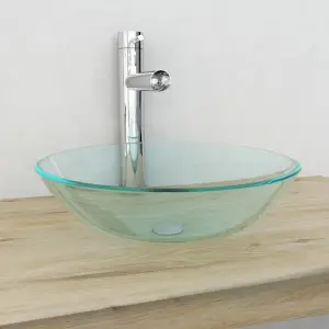 Chiuvetă din sticlă călită transparentă, 42 cm - Această chiuvetă aurie din sticlă călită de calitate superioară va aduce un plus de eleganță în orice baie sau toaletă publică și a fost concepută pen...