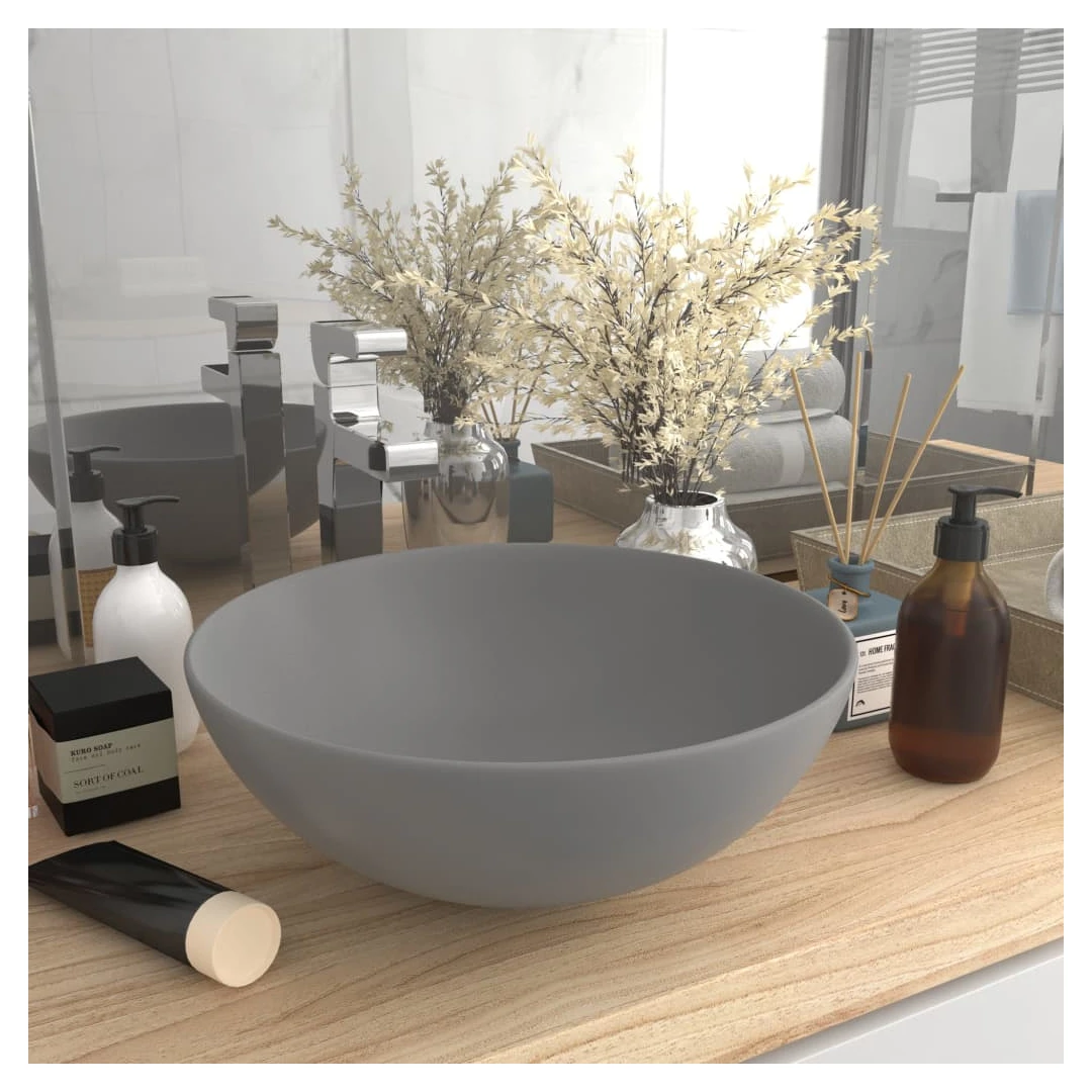 Chiuvetă de baie, gri deschis, ceramică, rotund - Această chiuvetă rotundă, montată deasupra blatului, adaugă un stil contemporan oricărui decor de baie. Este, de asemenea, potrivită pentru camera de...