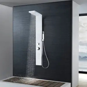 Sistem panel de duș din aluminiu, alb mat - Acest sistem de panou de duș multifuncțional are un design elegant și va aduce o completare de efect în baia dvs.   Turnul de duș este fabricat din al...