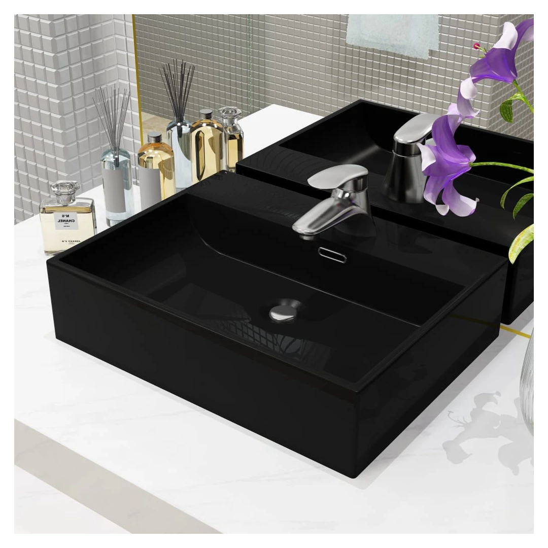 Chiuvetă cu orificiu robinet, ceramică, 51,5x38,5x15 cm, negru - Această chiuvetă, realizată din ceramică de cea mai bună calitate, va aduce un plus de eleganță în orice baie, toaletă sau vestiar.  Această chiuvetă...