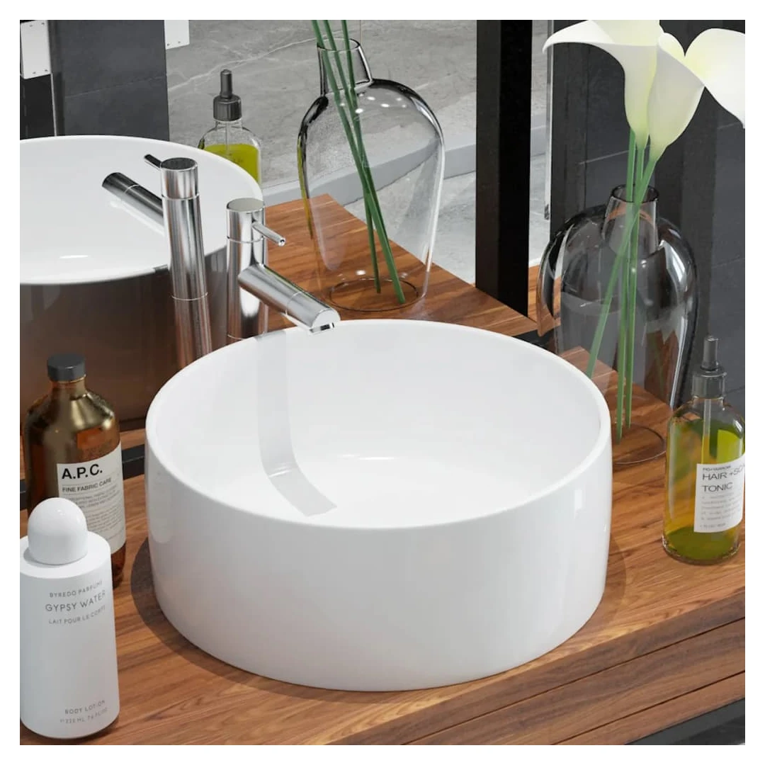 Chiuvetă de baie din ceramică, rotundă, 40 x 15 cm, alb - Această chiuvetă rotundă, din ceramică premium, va aduce un plus de eleganță în orice baie, toaletă sau budoar. Suprafața lucioasă contribuie la un de...