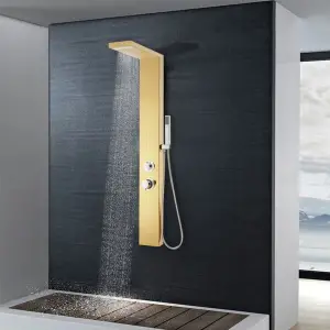 Sistem panou de duș, auriu, oțel inoxidabil 201 - Acest sistem de panou de duș multifuncțional are un design elegant și va aduce o completare extraordinară în baia dvs.  Turnul de duș este fabricat di...
