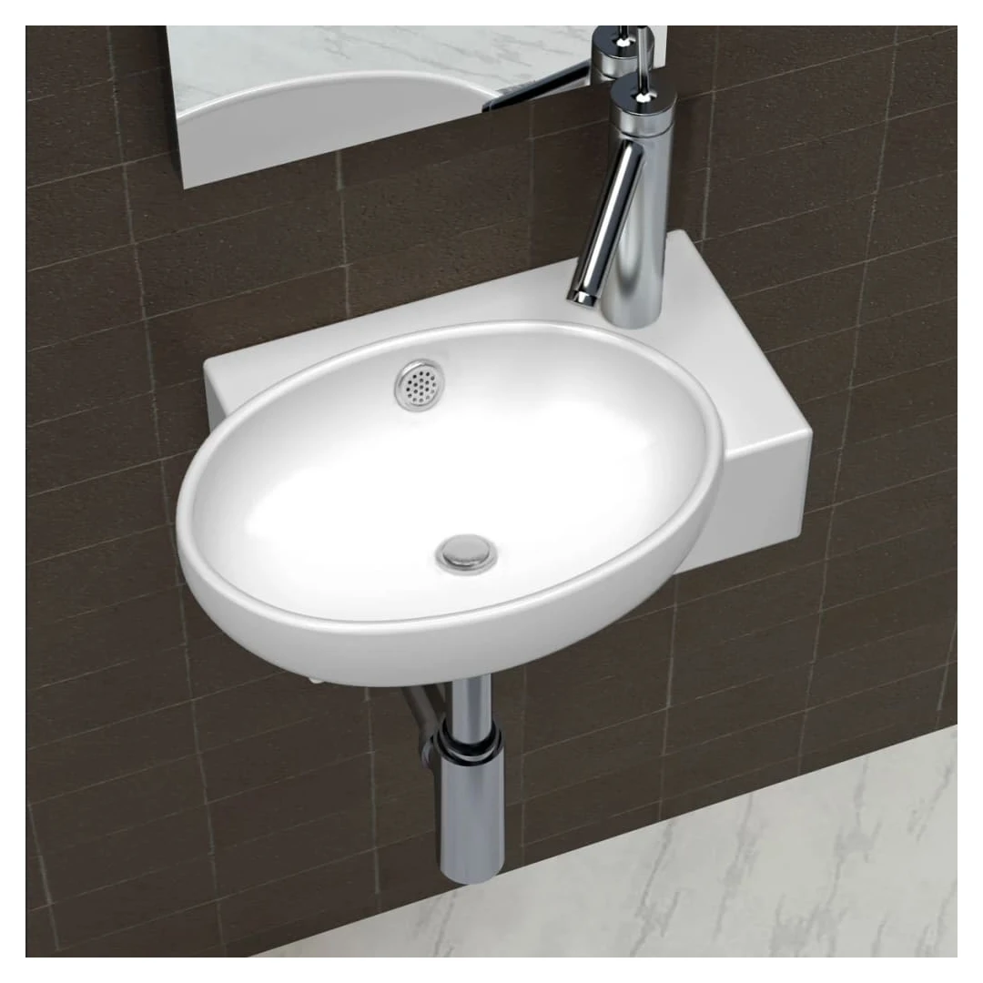 Chiuvetă de baie, orificiu robinet & preaplin, alb, ceramică - Această chiuvetă este modernă și va aduce un aer proaspăt în orice baie, grație pereților înclinați, bazei netede și designului curbat.   Această chiu...