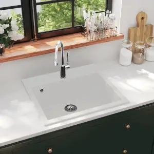 Chiuvetă de bucătărie din granit, alb, bazin unic - Această chiuvetă de bucătărie din granit va fi un obiect ușor de utilizat și mereu la modă pentru decorul dvs. de bucătărie. Dispune de un bazin unic,...