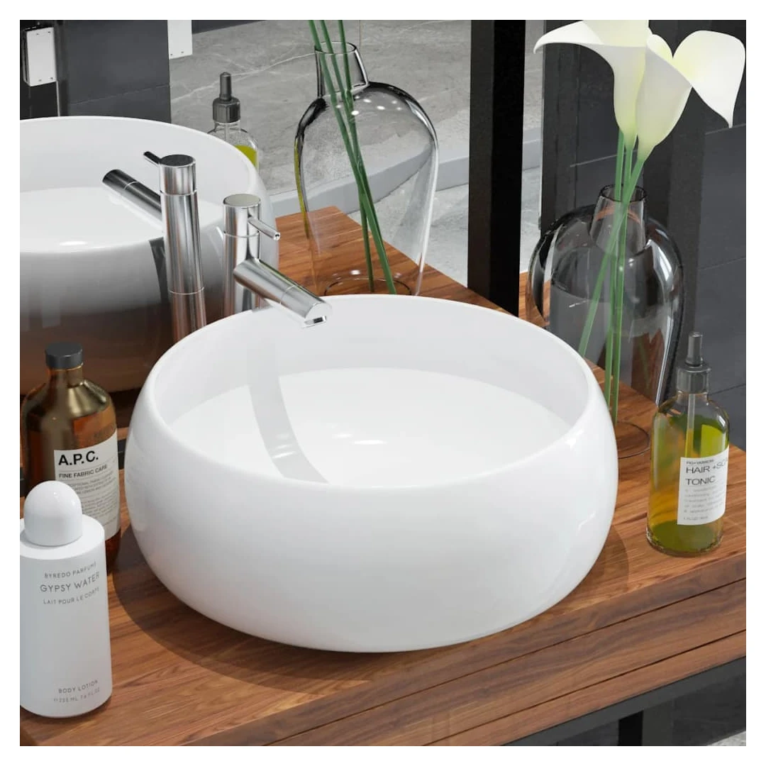 Chiuvetă de baie rotundă, alb, 40 x 15 cm, ceramică - Această chiuvetă rotundă, din ceramică premium, va aduce un plus de eleganță în orice baie, toaletă sau budoar. Suprafața lucioasă contribuie la un de...