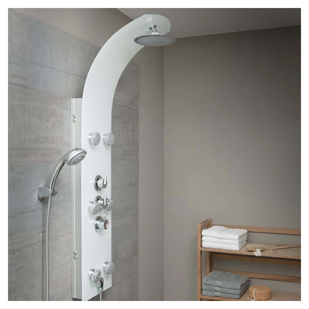 SCHÜTTE Panou de duș din sticlă cu baterie termostatică LANZAROTE, alb - Bucurați-vă de un duș relaxant cu acest panou de duș din sticlă de calitate cu baterie termostatică, LANZAROTE de la SCHÜTTE!  Acest sistem de duș est...