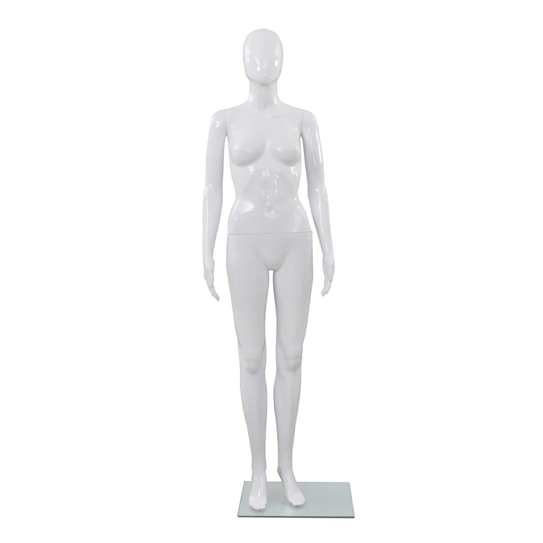 Corp manechin feminin, cu suport din sticlă, alb lucios, 175 cm - Acest manechin feminin de dimensiuni naturale, cu suport din sticlă și cu finisaj de vopsea lucioasă, poate fi utilizat pentru a expune în vitrinele m...