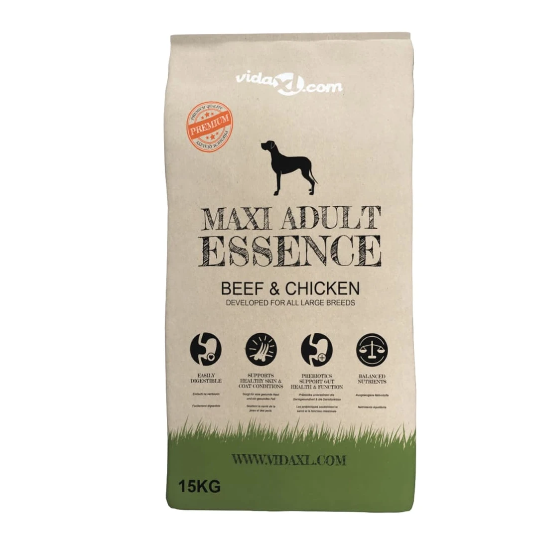 Hrană câini uscată Premium Maxi Adult Essence, vită & pui 15 kg - Această hrană de câini uscată Maxi Adult Essence, cu vită și pui, este bogată în prebiotice care susțin sănătatea sistemului digestiv al câinelui dvs....