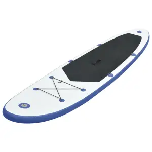 Set de placă SUP gonflabilă, albastru și alb - Această placă SUP este ideală pentru începători, paddling pentru amatori și surf pe valuri mici, oferind confort și stabilitate. Prevăzută cu supape c...